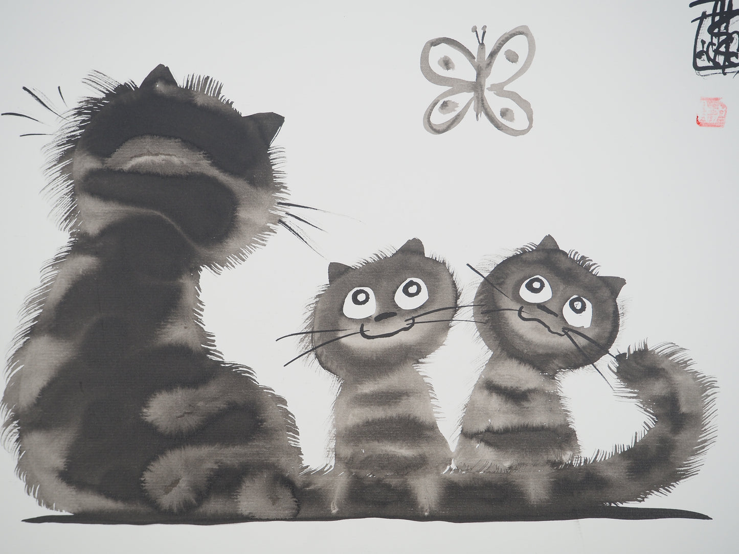 Laszlo TIBAY : Maman chat et ses chatons distraits - Dessin original signé