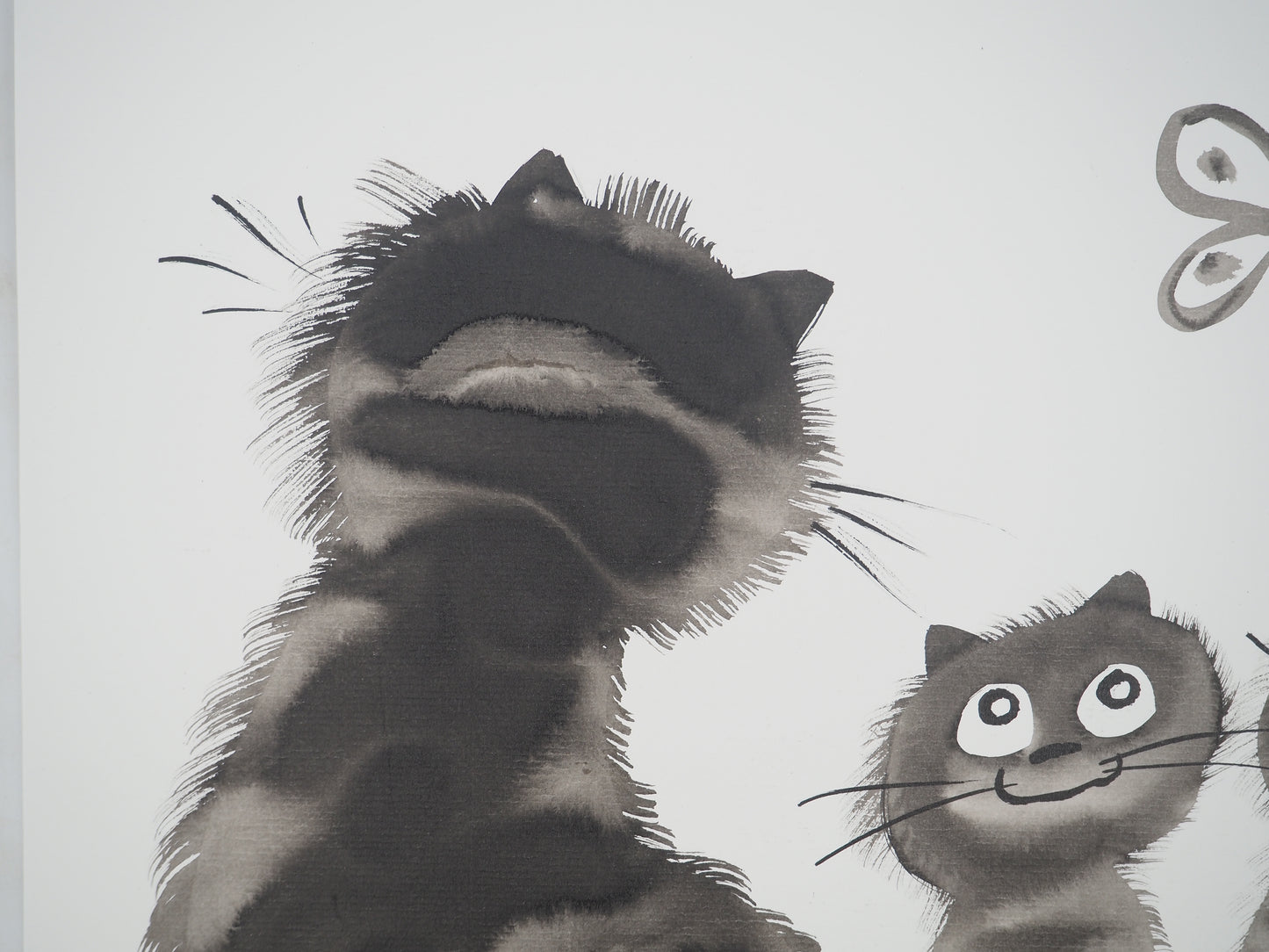 Laszlo TIBAY : Maman chat et ses chatons distraits - Dessin original signé