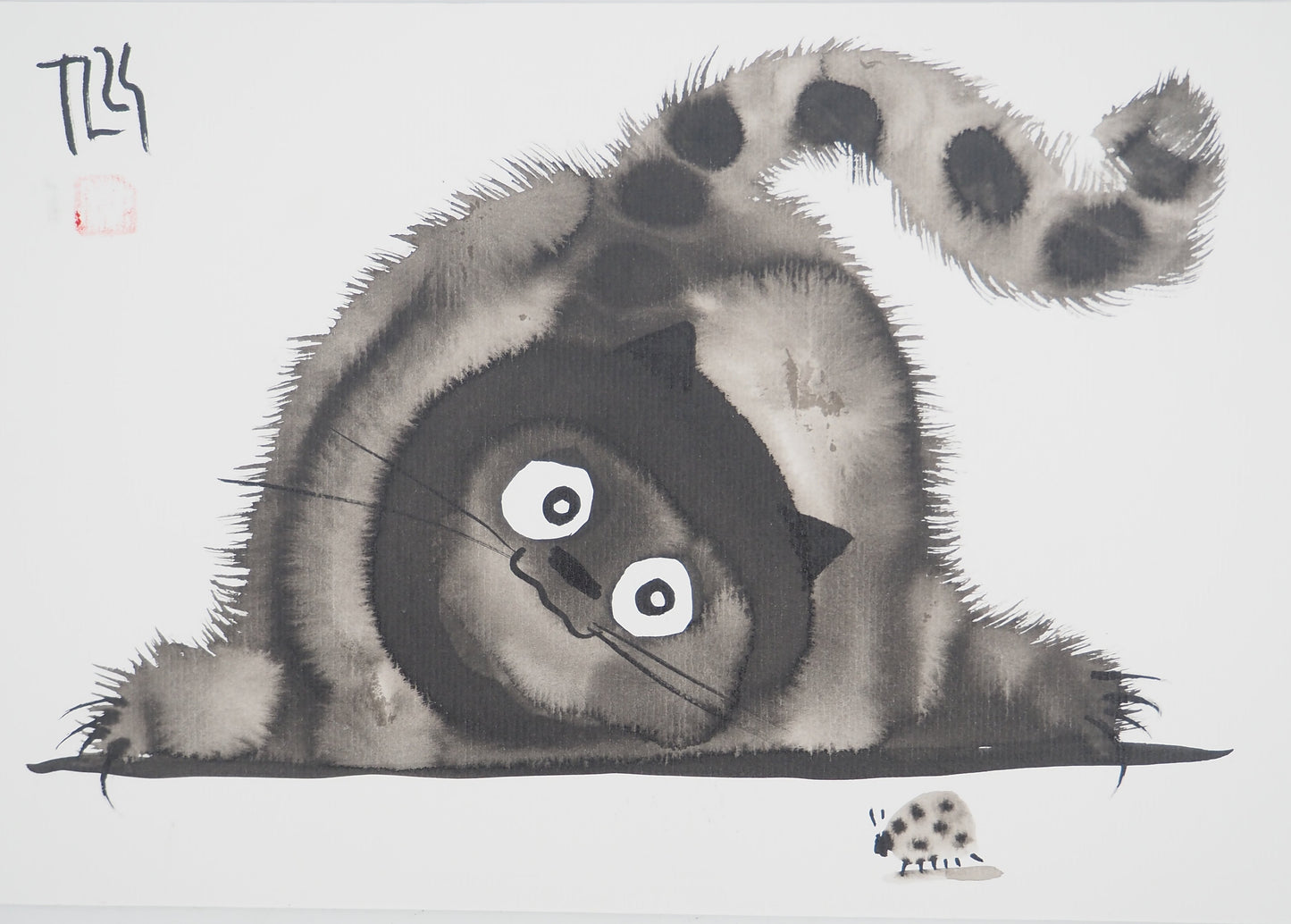 Laszlo TIBAY : Chat observant une coccinelle - Dessin original signé