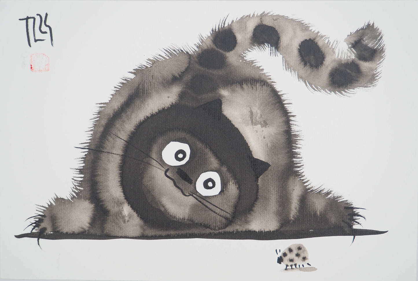 Laszlo TIBAY : Chat observant une coccinelle - Dessin original signé