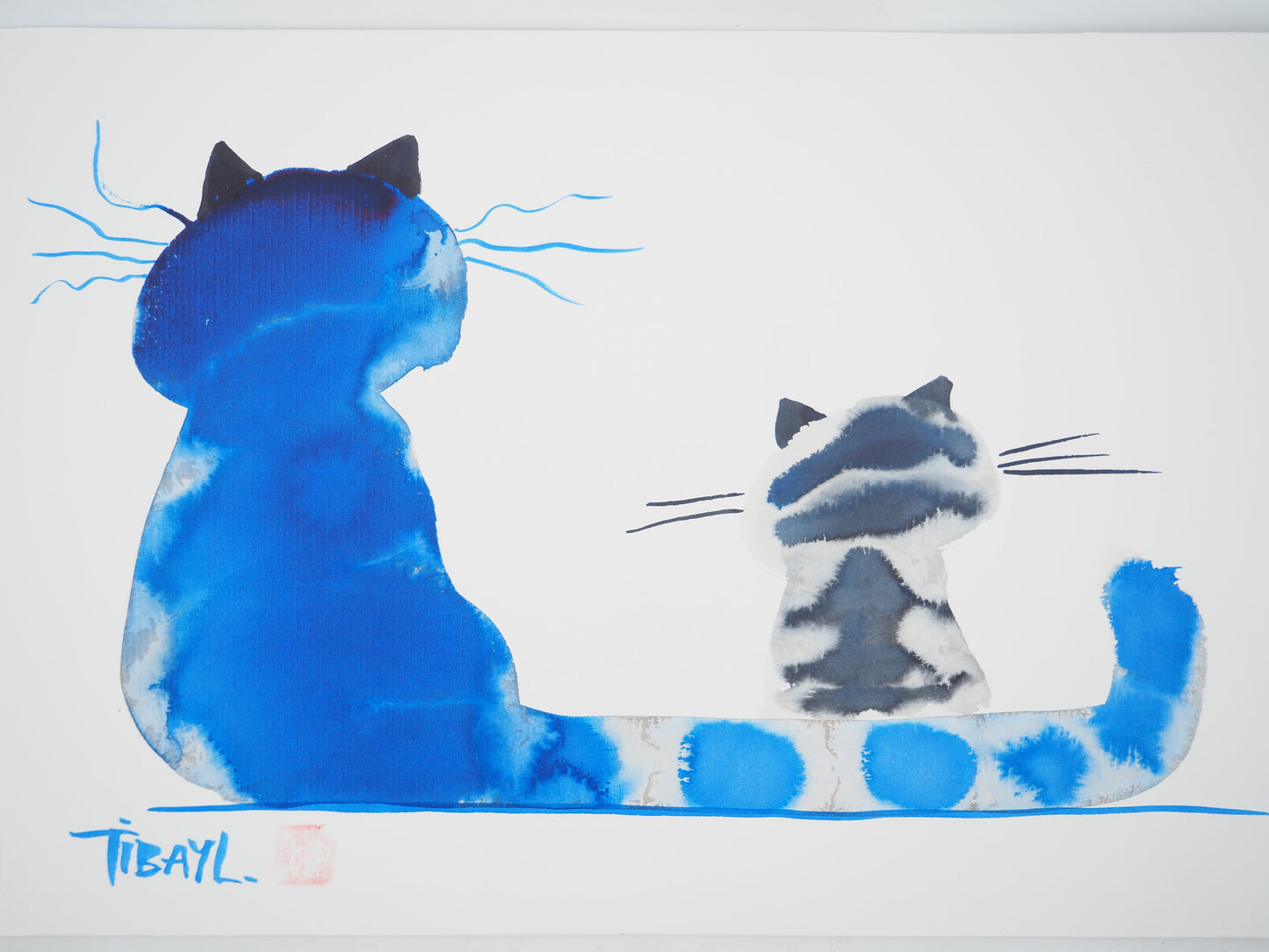 Laszlo TIBAY : Maman chat et son petit - Dessin original signé