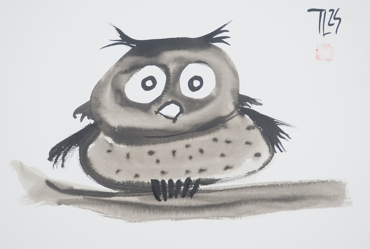 Laszlo TIBAY : L'hibou perché sur sa branche - Dessin original signé