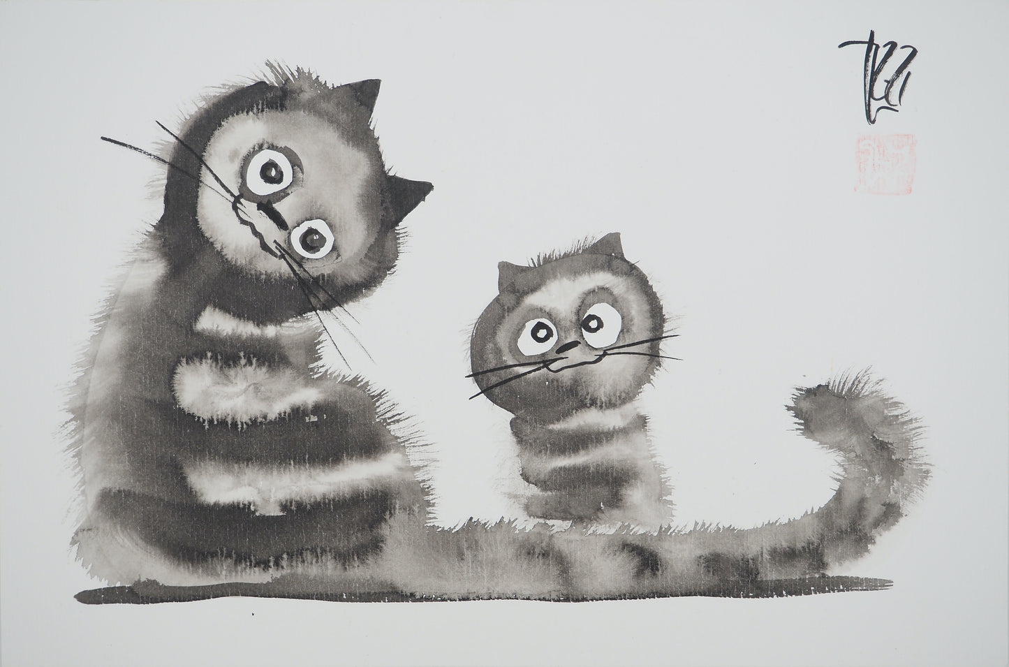 Laszlo TIBAY : Maman chat et son chaton - Dessin original signé