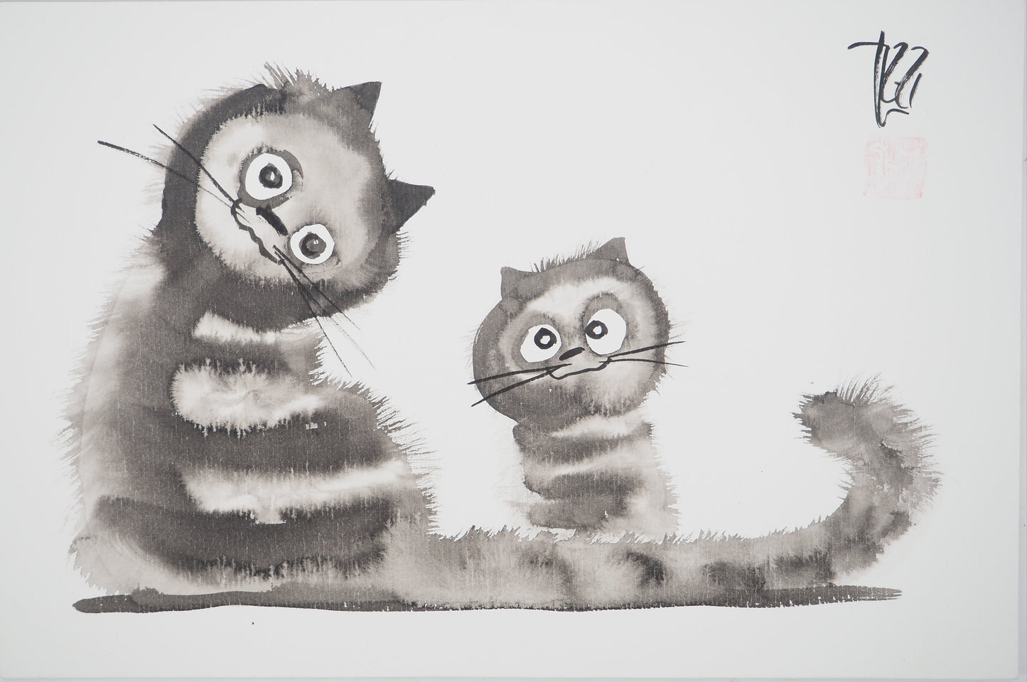 Laszlo TIBAY : Maman chat et son chaton - Dessin original signé