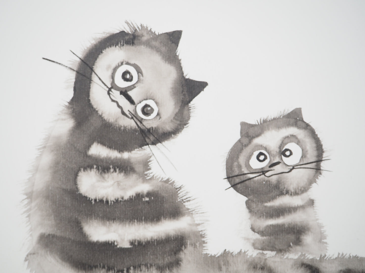 Laszlo TIBAY : Maman chat et son chaton - Dessin original signé