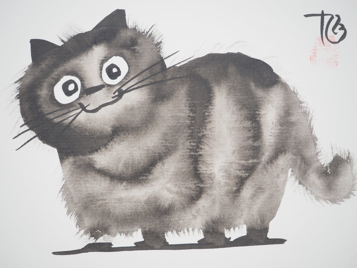 Laszlo TIBAY : Chat souriant - Dessin original signé