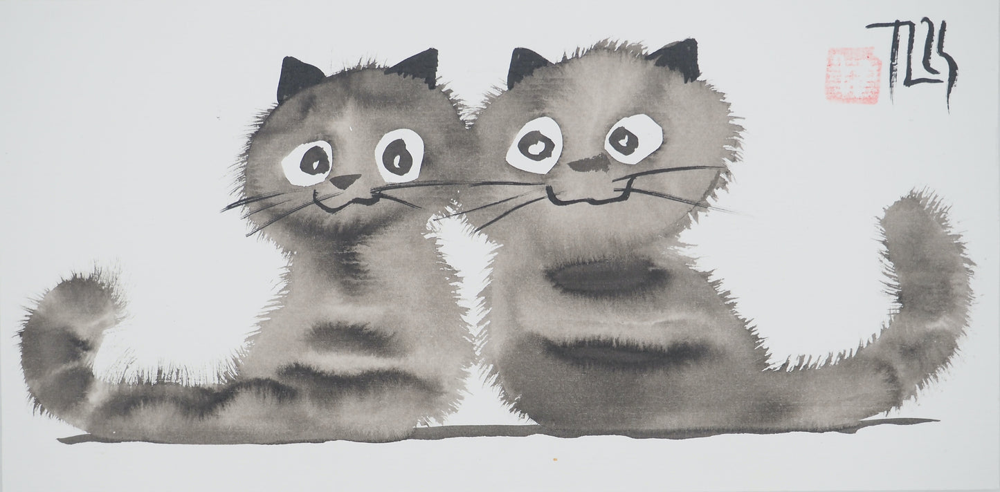 Laszlo TIBAY : Deux chatons heureux - Dessin original signé