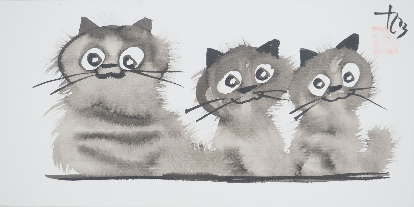 Laszlo TIBAY : Mère et sa fratrie de chatons - Dessin original signé