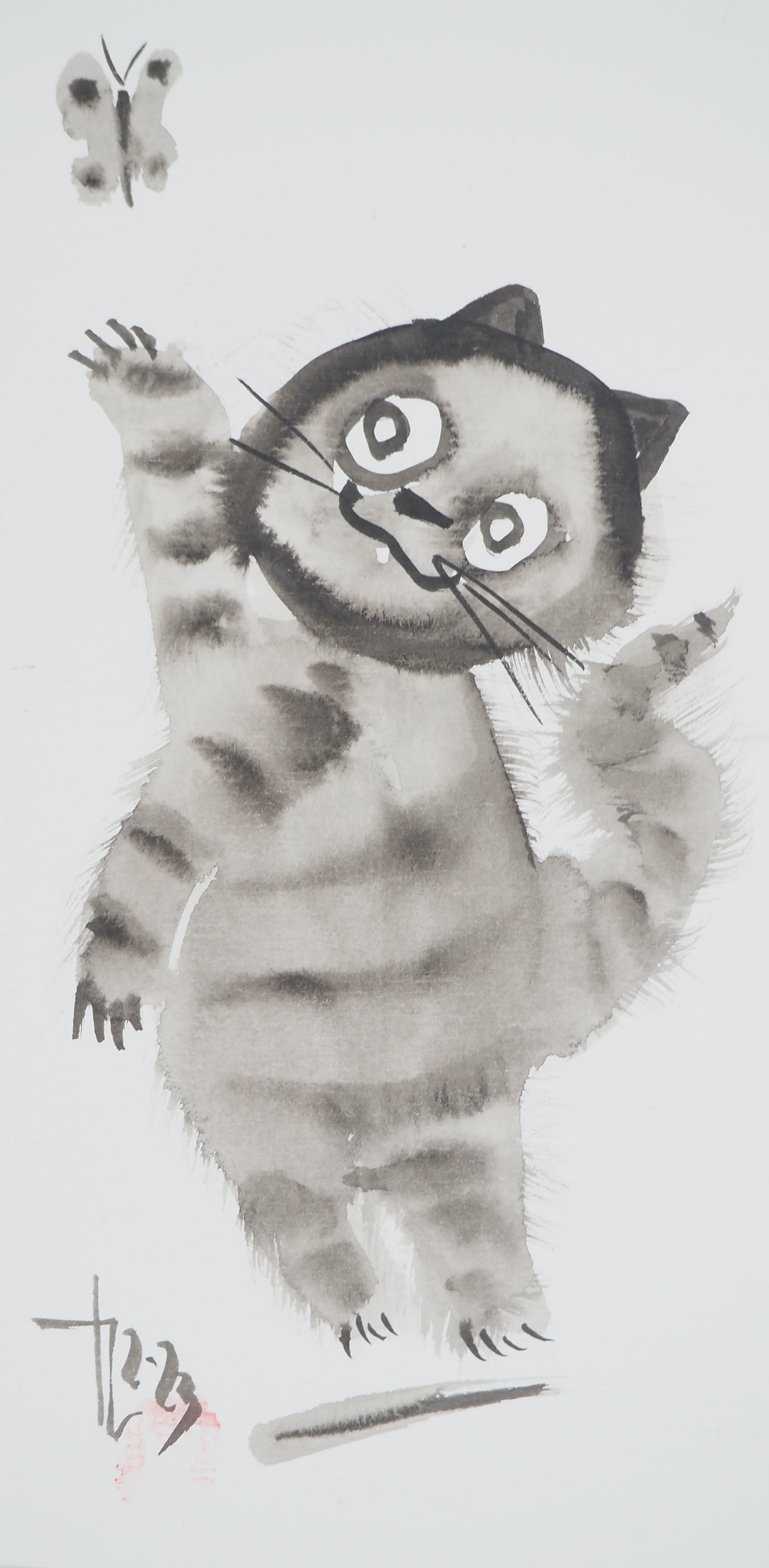 Laszlo TIBAY : Chaton jouant avec un papillon - Dessin original signé