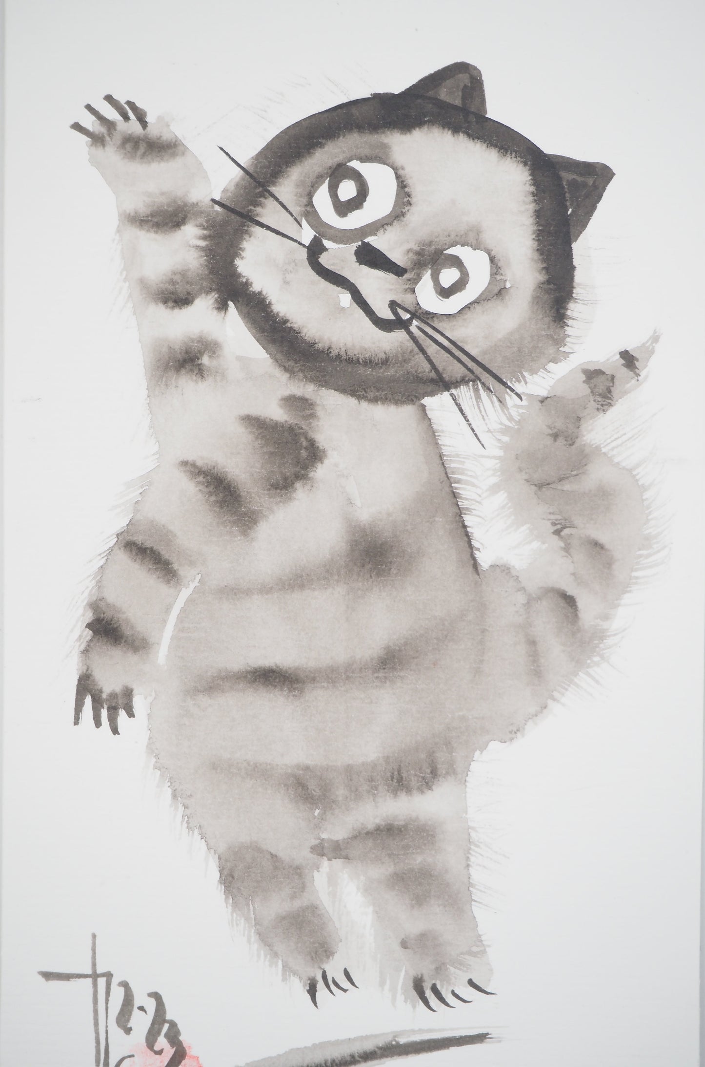 Laszlo TIBAY : Chaton jouant avec un papillon - Dessin original signé