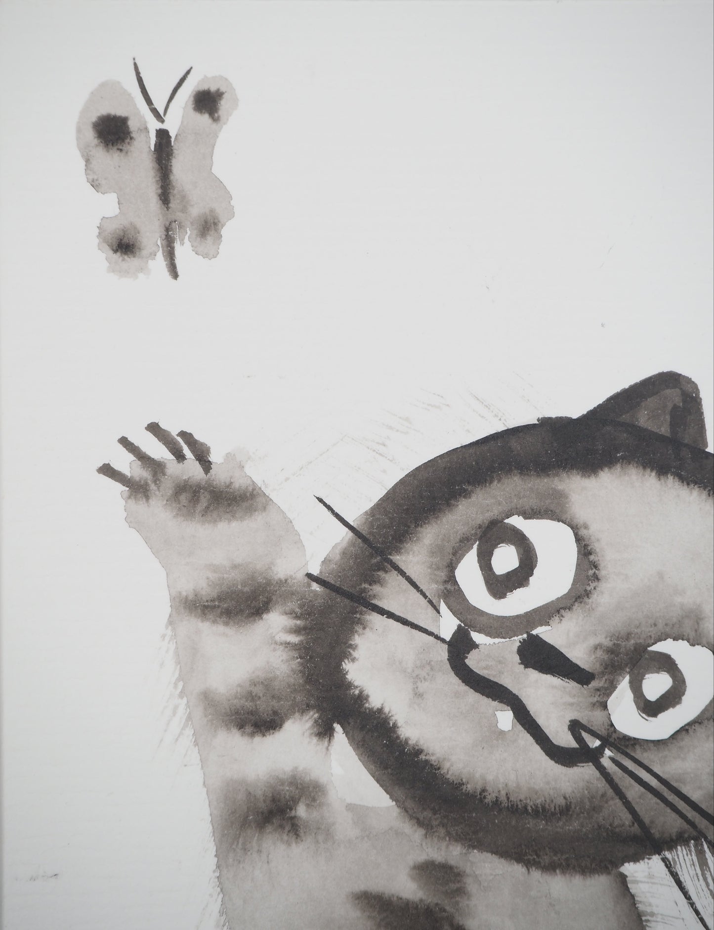 Laszlo TIBAY : Chaton jouant avec un papillon - Dessin original signé