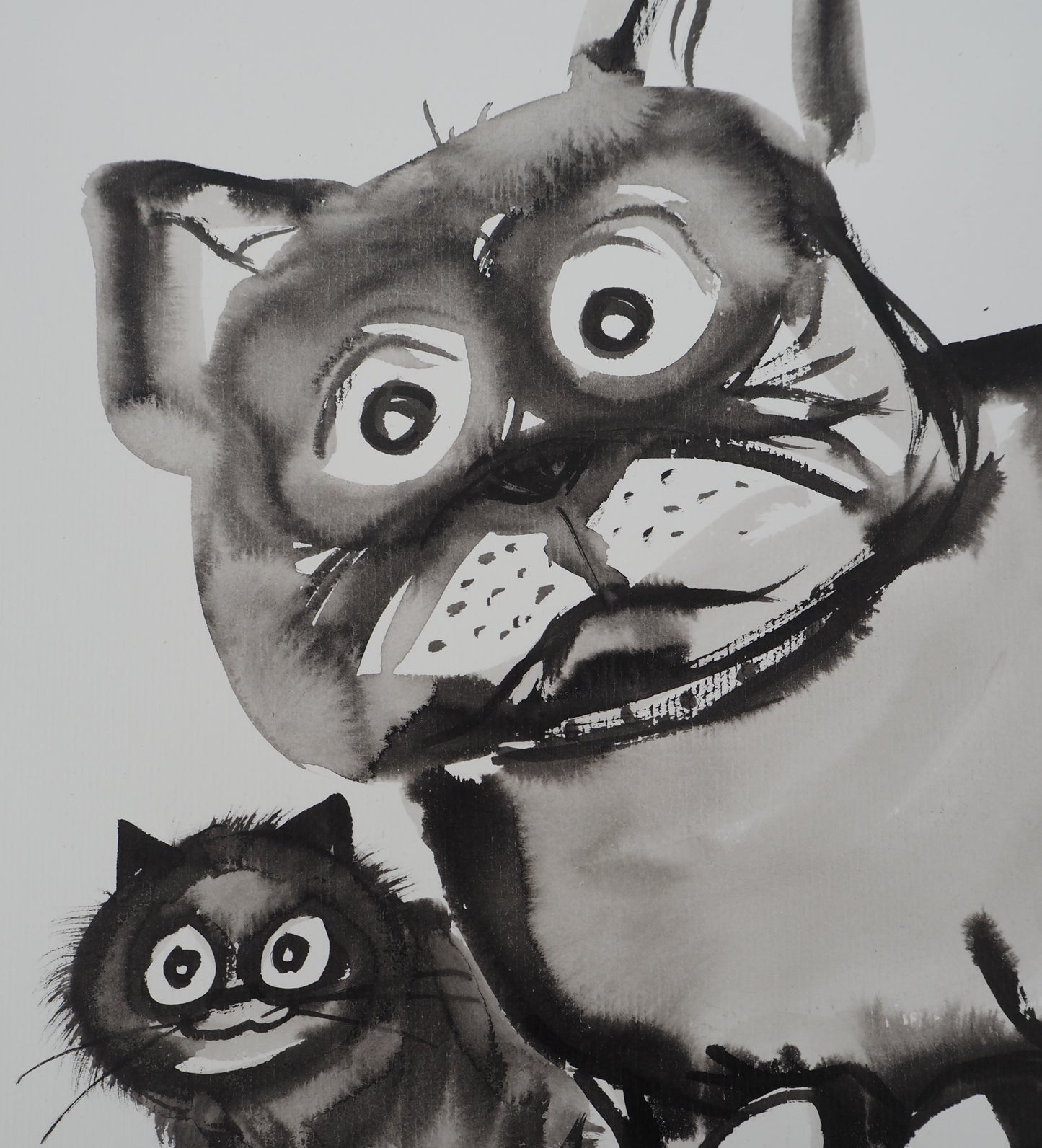 Laszlo TIBAY : Chien et son ami le chat - Dessin original signé