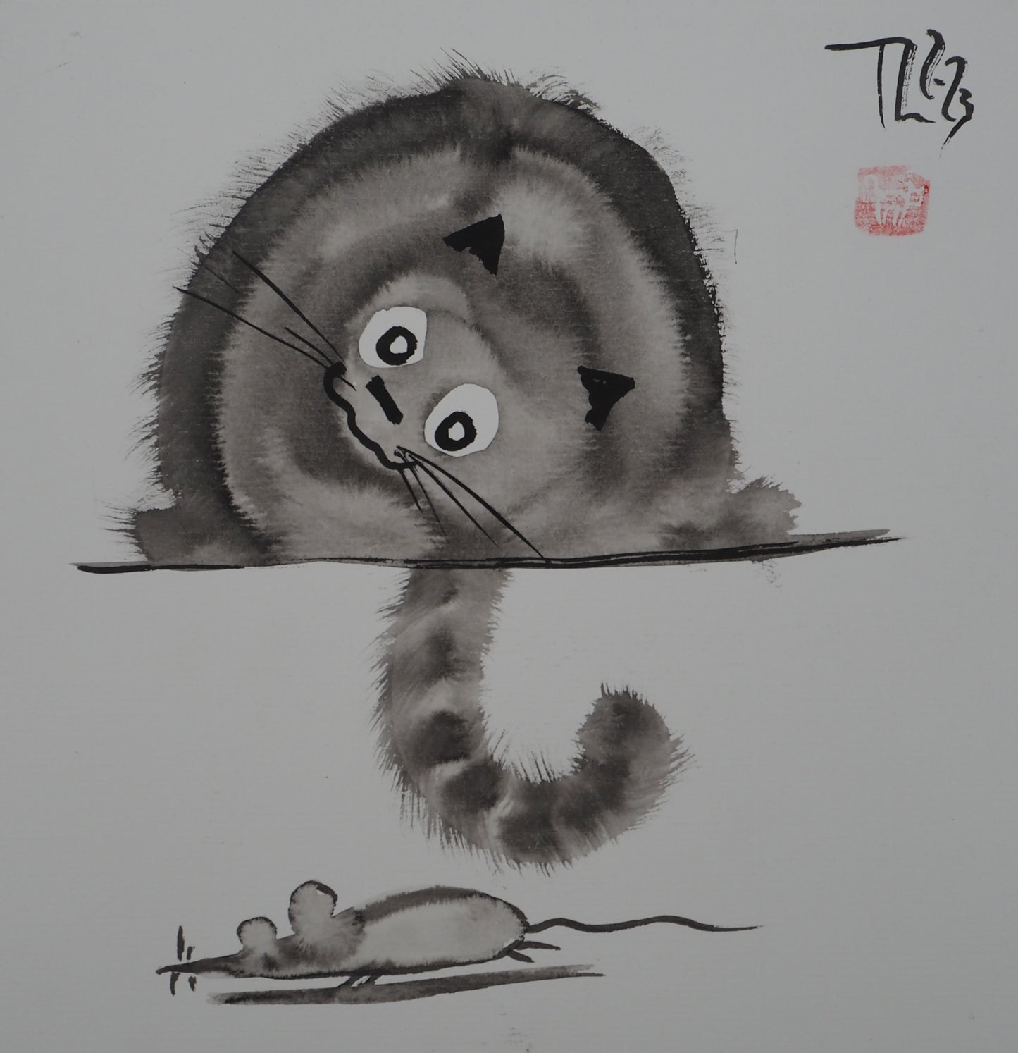 Laszlo TIBAY : Le chat et la souris - Dessin original signé