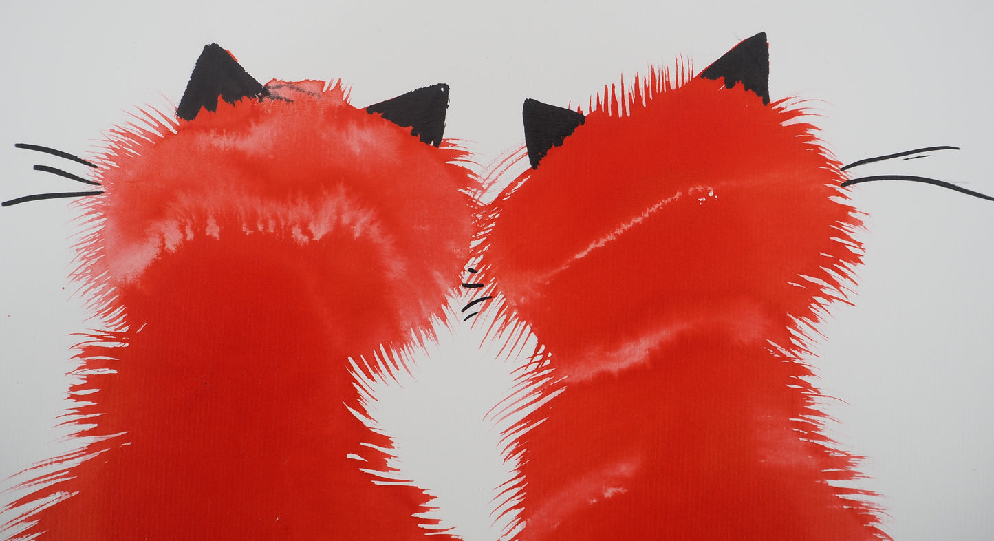 Laszlo TIBAY : Couple de chats - Dessin original signé