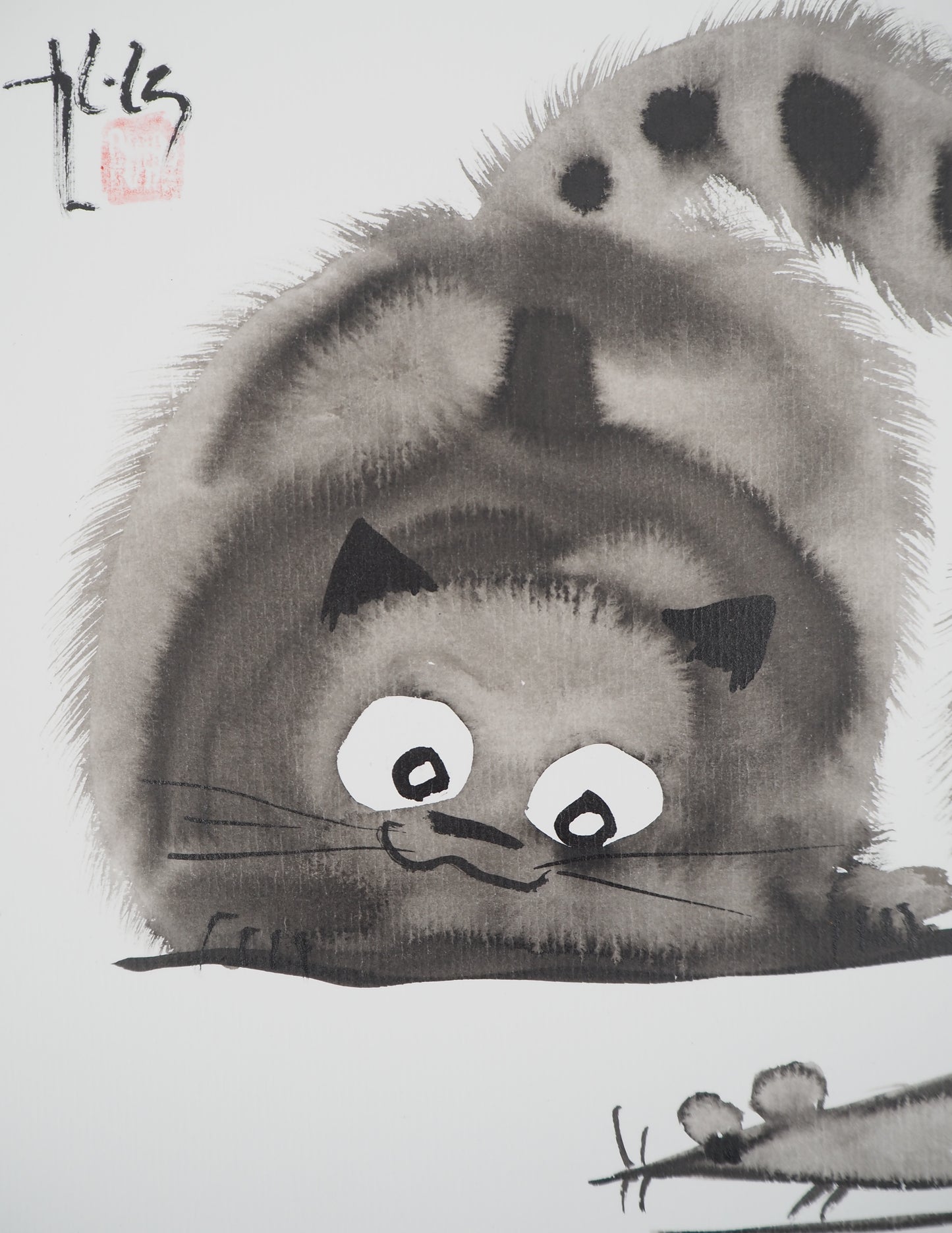 Laszlo TIBAY : Mère et son chaton - Dessin original signé