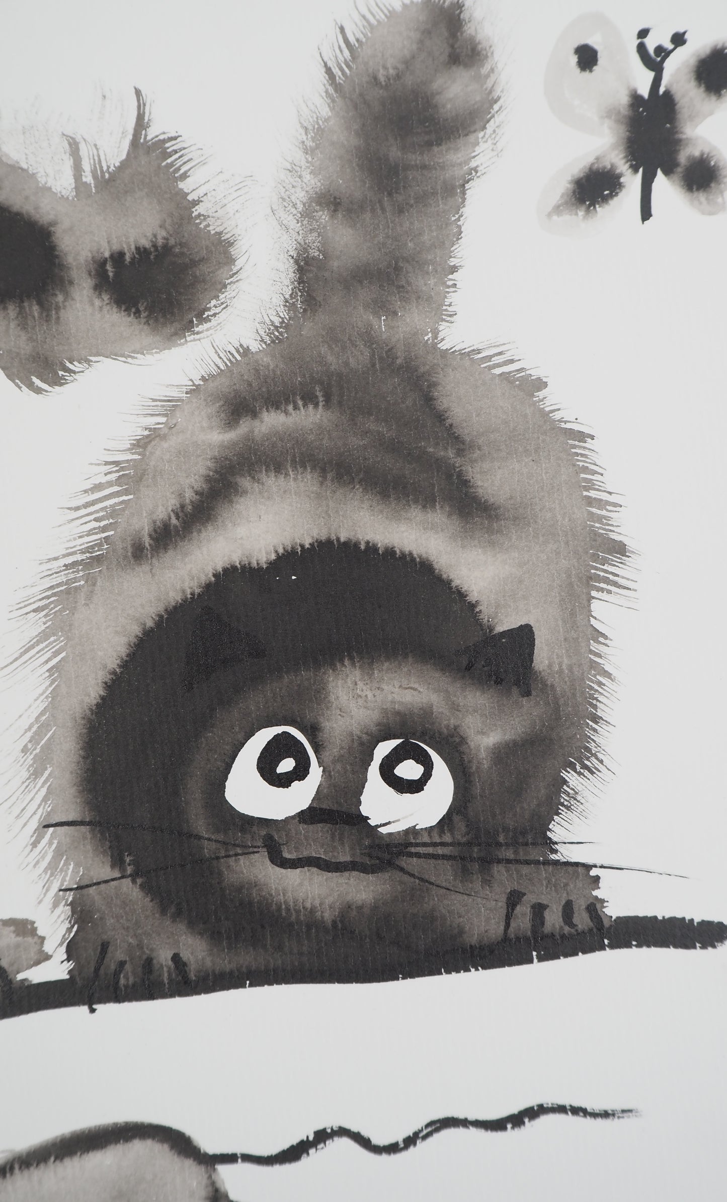 Laszlo TIBAY : Mère et son chaton - Dessin original signé