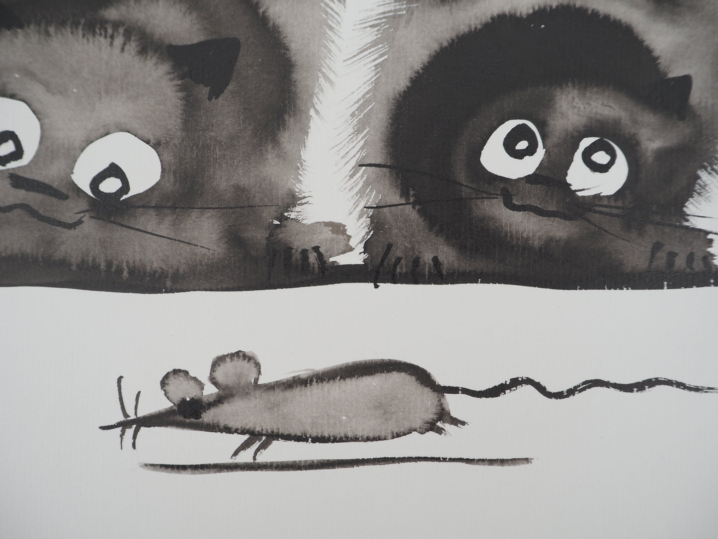Laszlo TIBAY : Mère et son chaton - Dessin original signé
