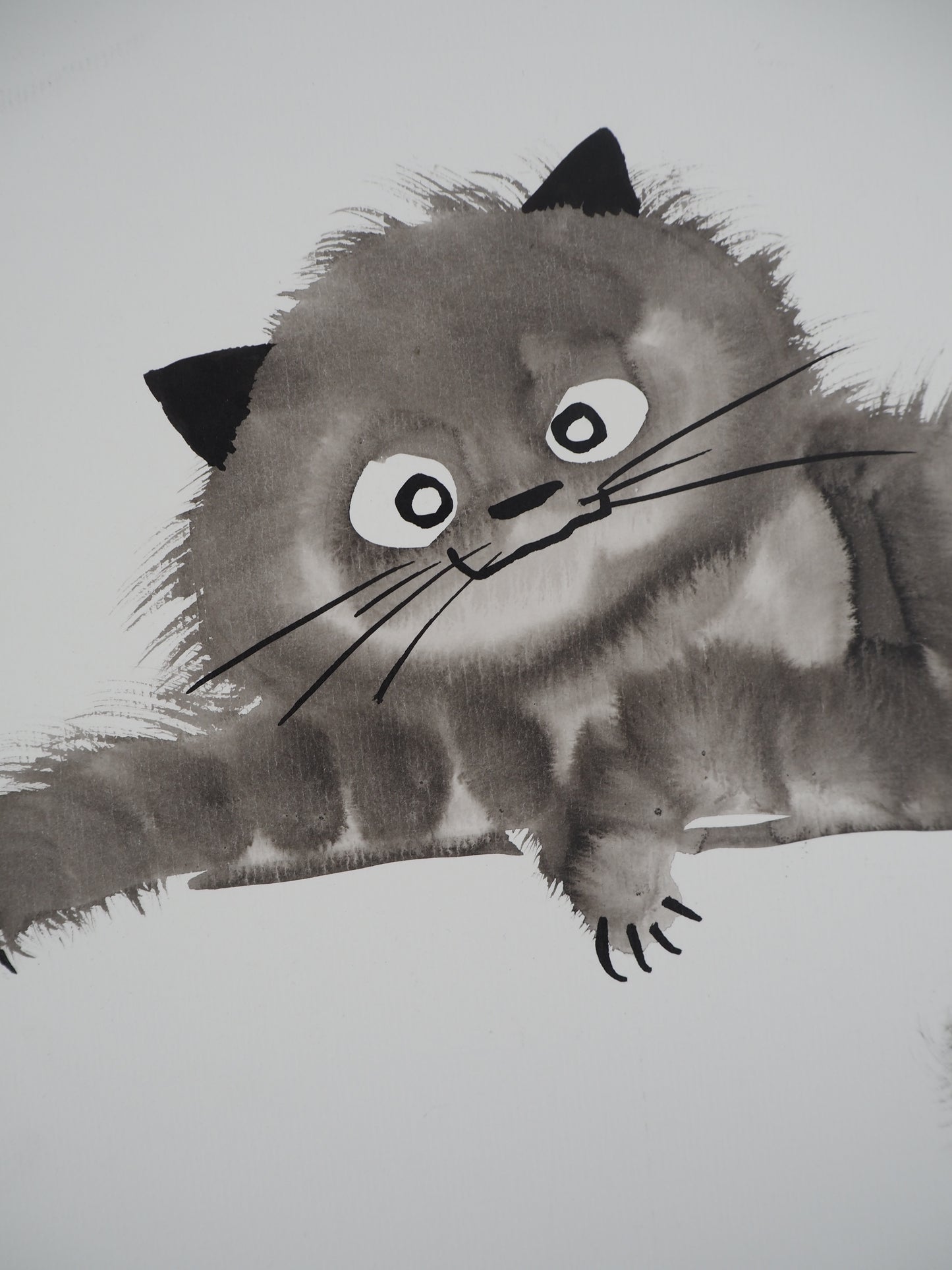Laszlo TIBAY : Chat allongé - Dessin original signé
