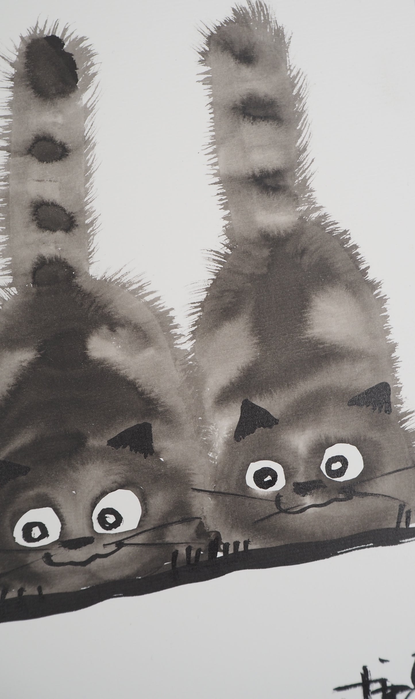 Laszlo TIBAY : Famille de chats en chasse - Dessin original signé