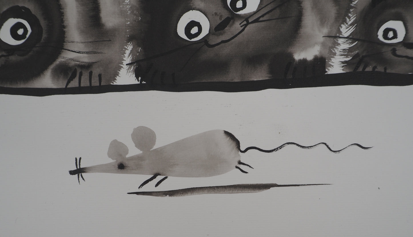 Laszlo TIBAY : Famille de chats en chasse - Dessin original signé