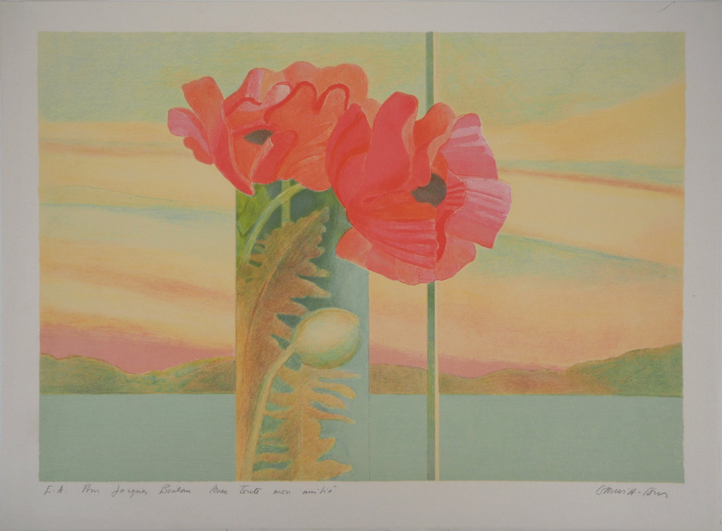 Pierre GARCIA FONS : Nature morte vue sur le lac - Lithographie originale signée et dédicacée