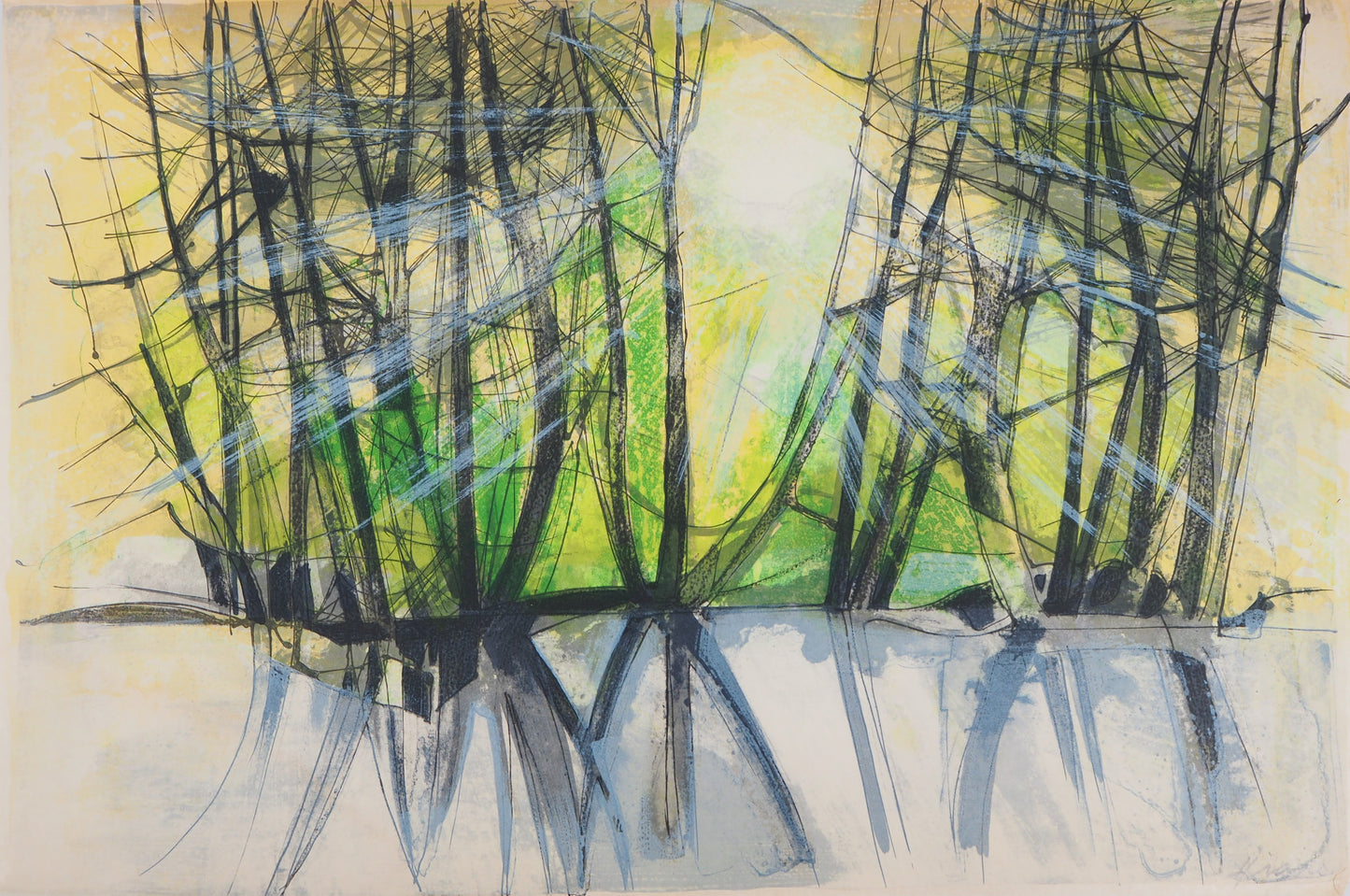 Camille HILAIRE : Soleil couchant sur L'Andlau - Lithographie originale signée