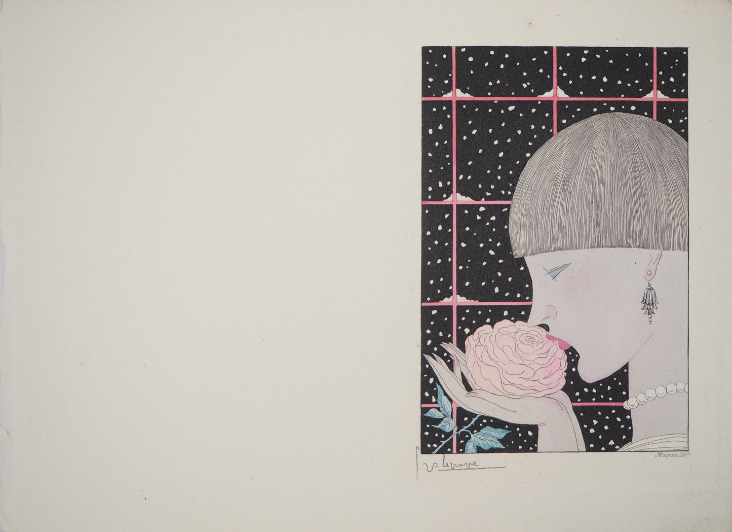 Georges LEPAPE : Jeune femme à la rose - Gravure originale signée