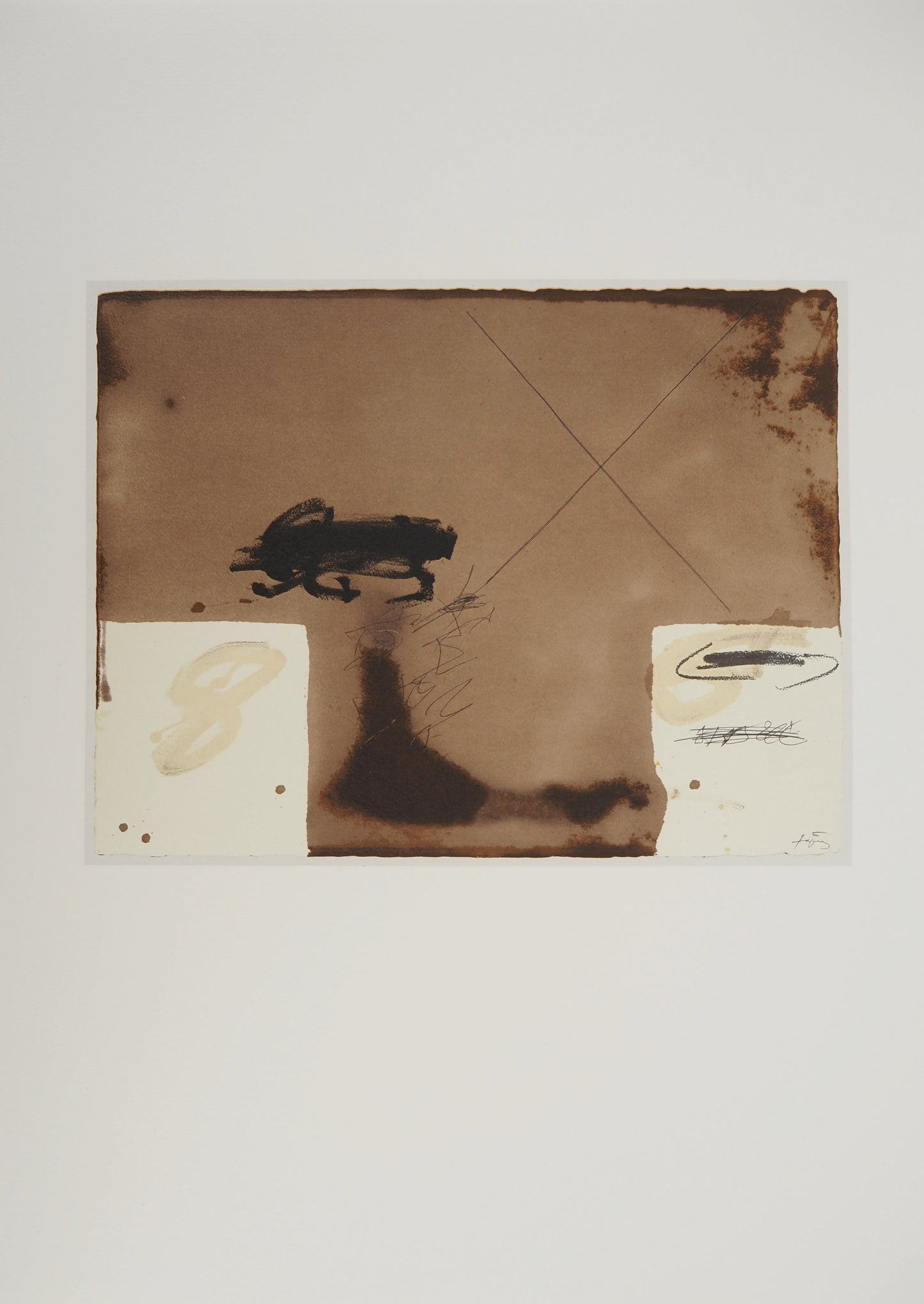 Antoni TAPIES : Composition expressive aux deux rectangles blancs - Lithographie signée