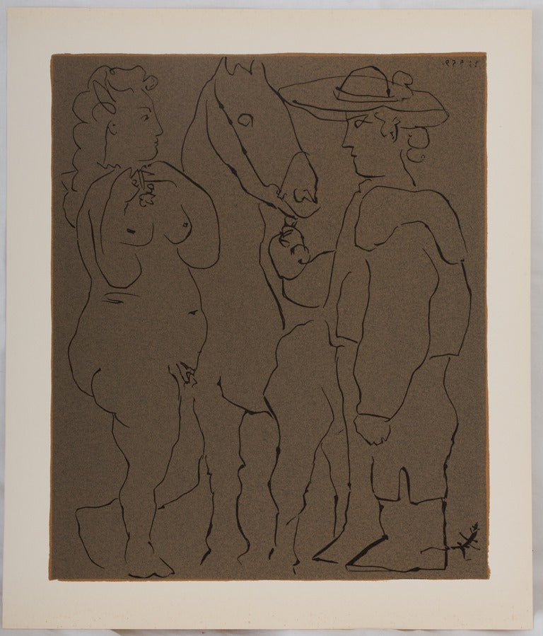 Pablo PICASSO : Couple amoureux et cheval - Linogravure