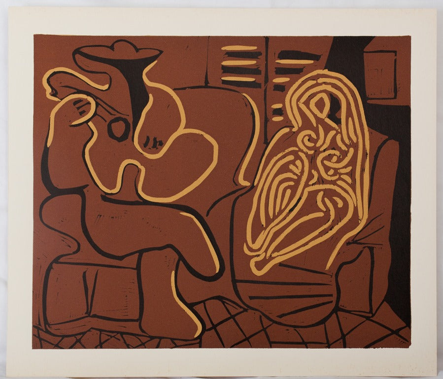 Pablo PICASSO : Femme assise et le guitariste - Linogravure