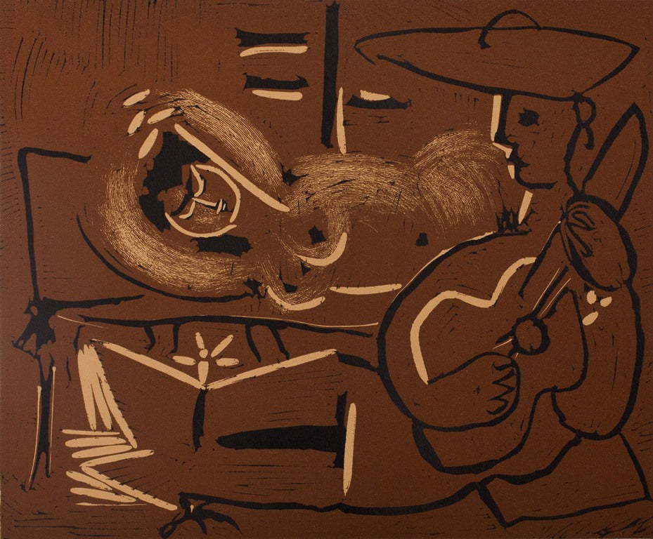 Pablo PICASSO : Femme nue et guitariste au chapeau - Linogravure