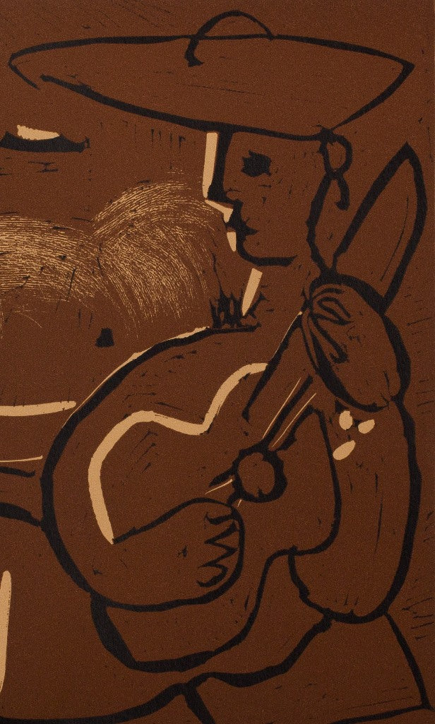 Pablo PICASSO : Femme nue et guitariste au chapeau - Linogravure