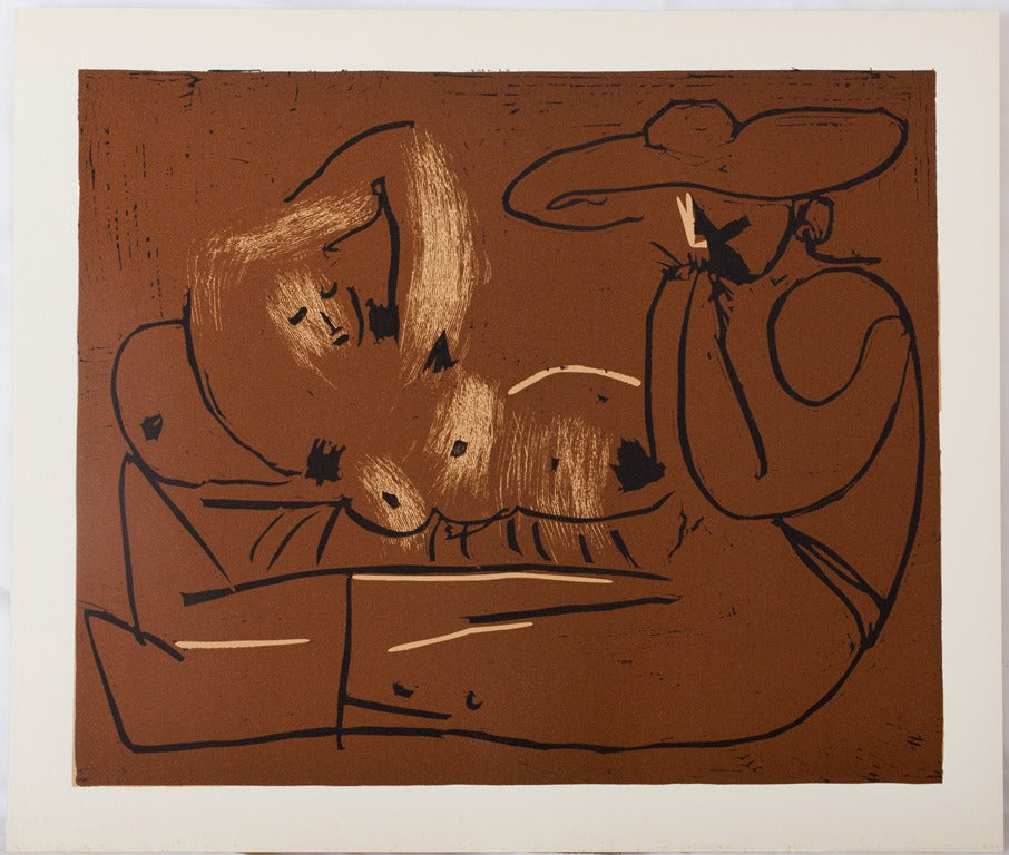 Pablo PICASSO : Nu couché et musicien au chapeau - Linogravure