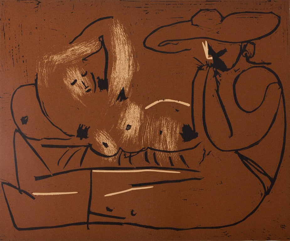 Pablo PICASSO : Nu couché et musicien au chapeau - Linogravure
