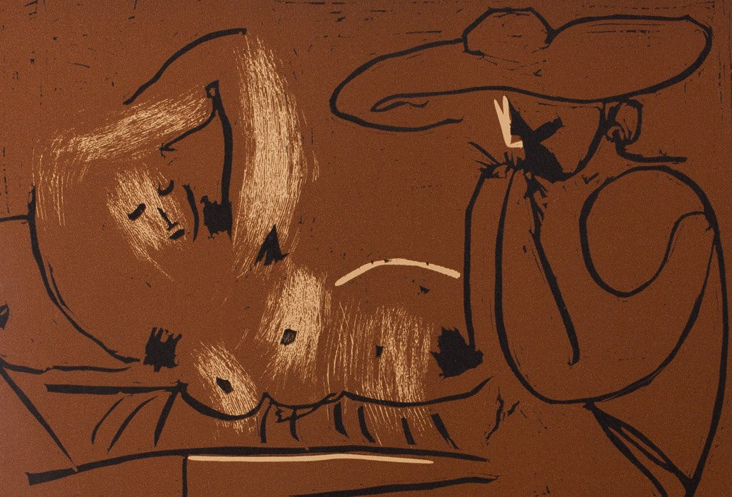 Pablo PICASSO : Nu couché et musicien au chapeau - Linogravure