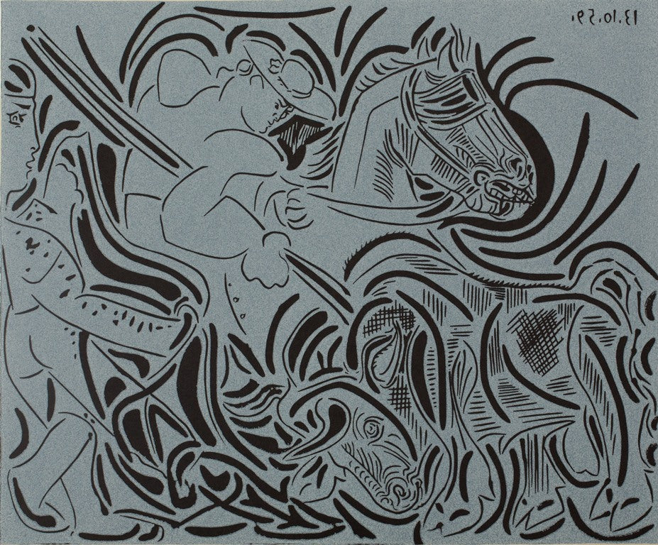 Pablo PICASSO : Pique, face au taureau - Linogravure