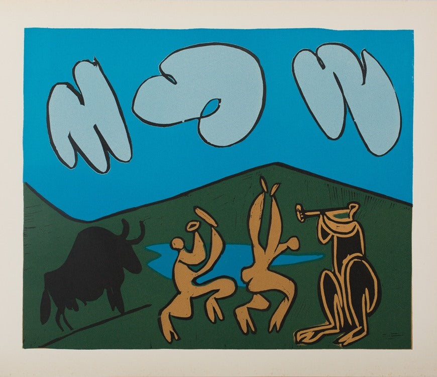 Pablo PICASSO : Bacchanale au taureau noir - Linogravure