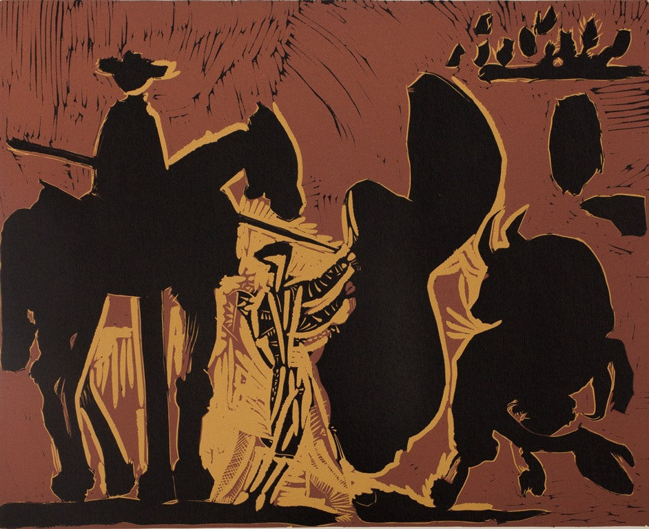 Pablo PICASSO : Corrida, Torero face au taureau - Linogravure
