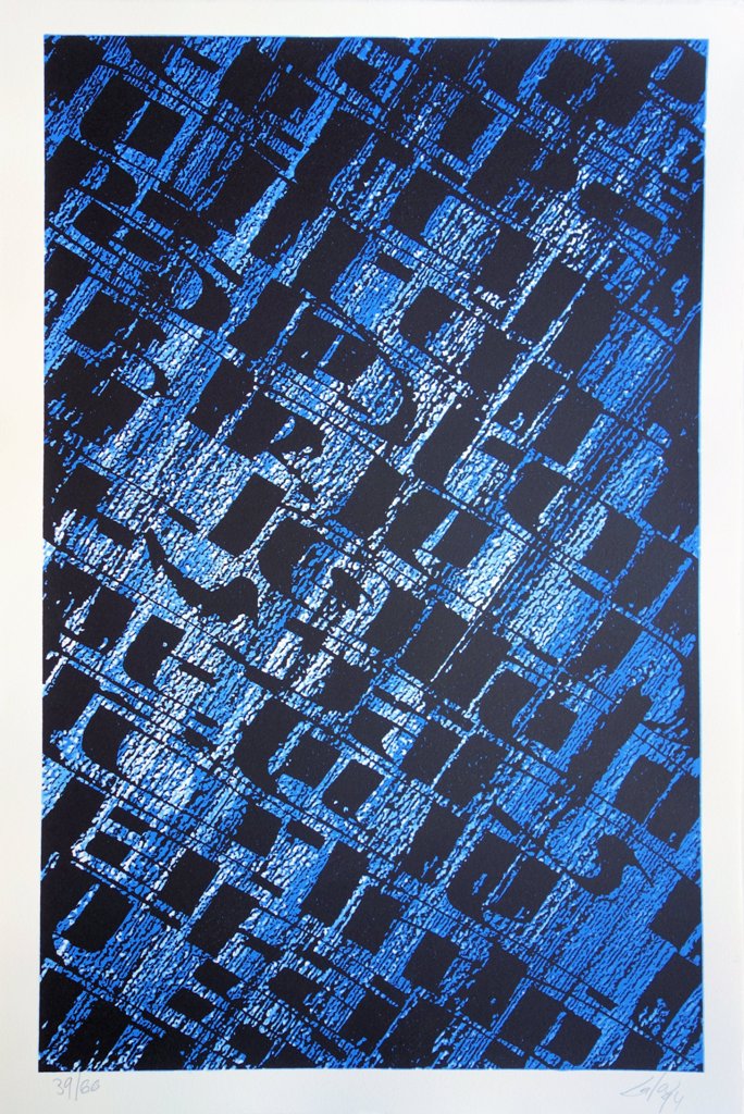 Frank LALOU : Composition abstraite en bleu - Lithographie originale signée