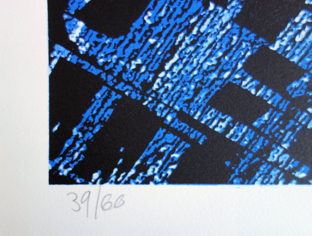 Frank LALOU : Composition abstraite en bleu - Lithographie originale signée