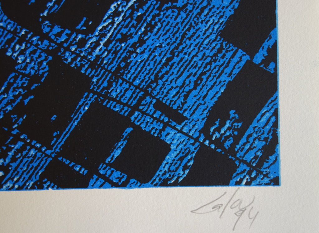 Frank LALOU : Composition abstraite en bleu - Lithographie originale signée