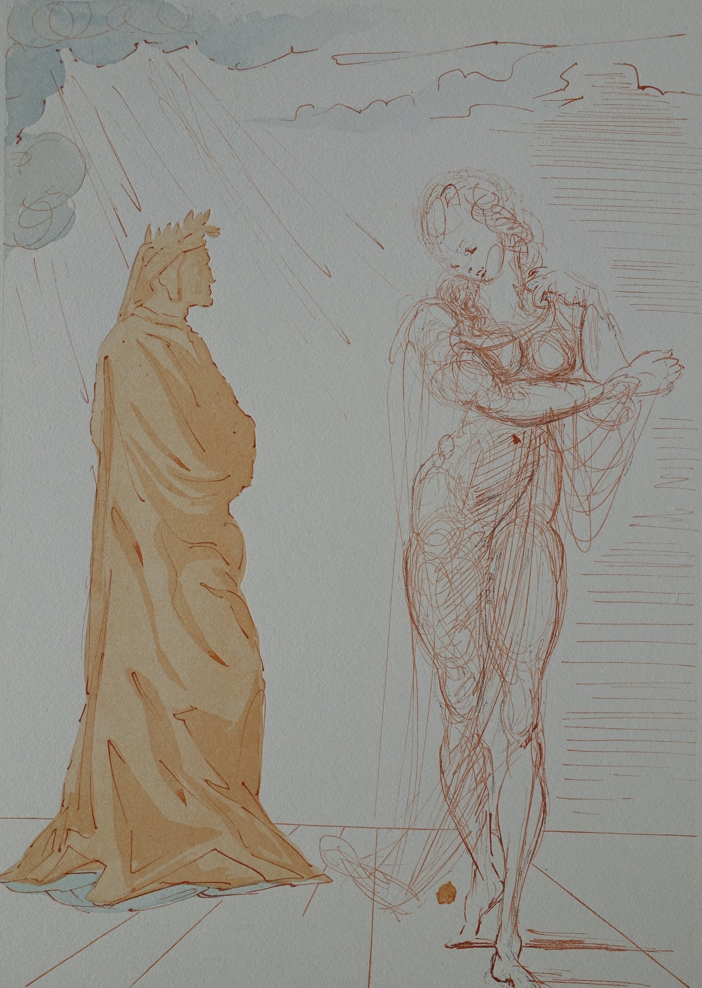 Salvador DALI : Virgile réconforte Dante - Bois gravé original