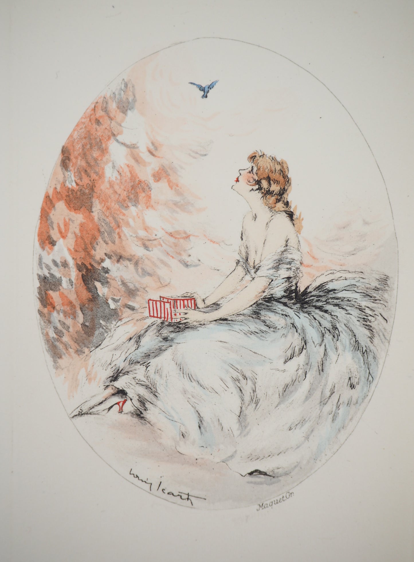 Louis ICART : Jeune femme et l'oiseau - Gravure originale signée