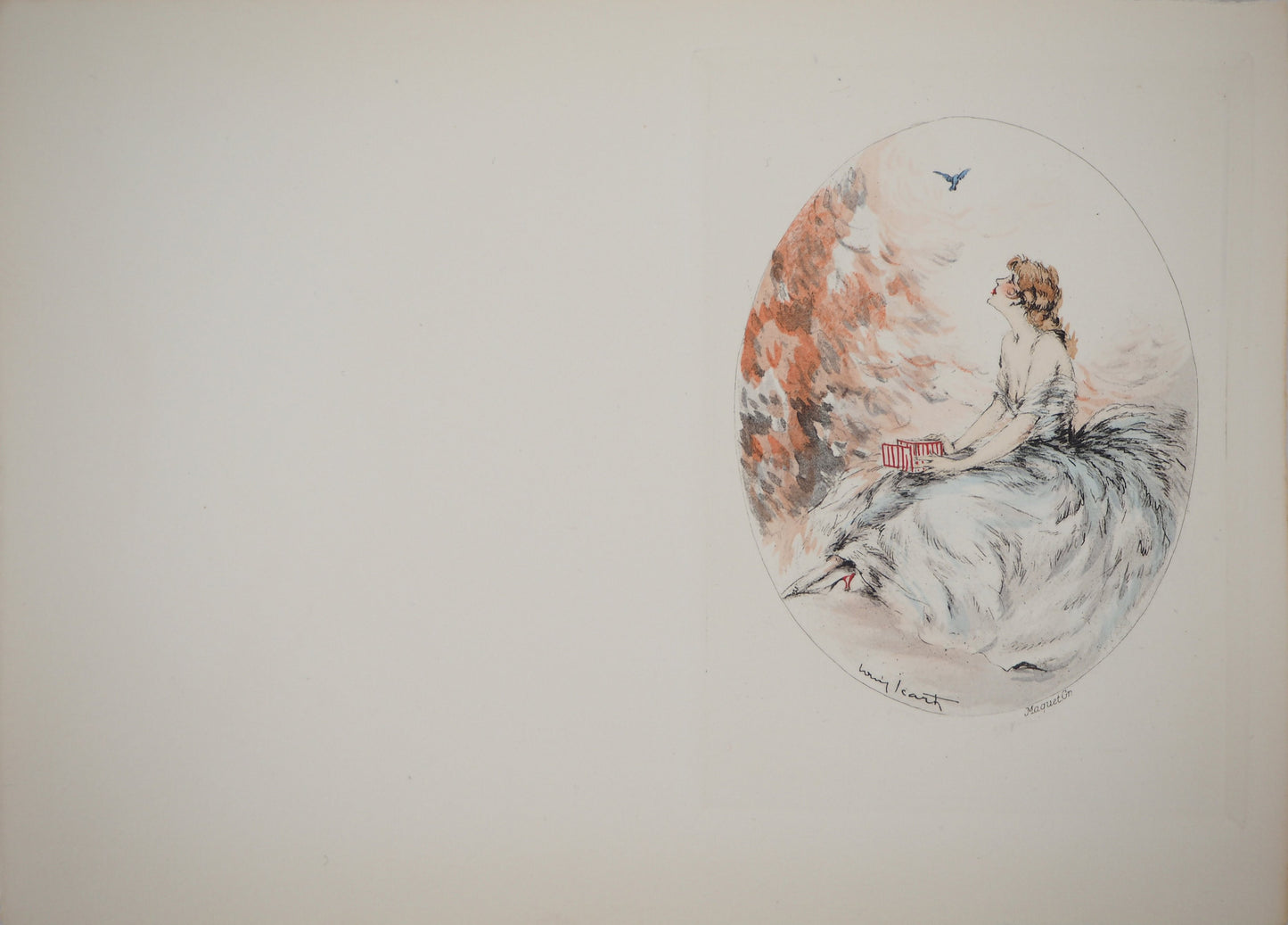 Louis ICART : Jeune femme et l'oiseau - Gravure originale signée