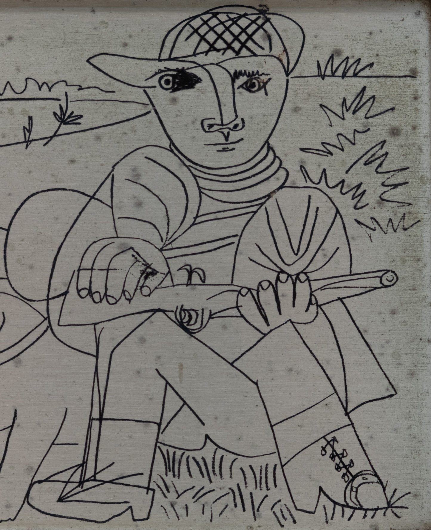 Pablo PICASSO : Le chasseur - Plaque argentée gravée