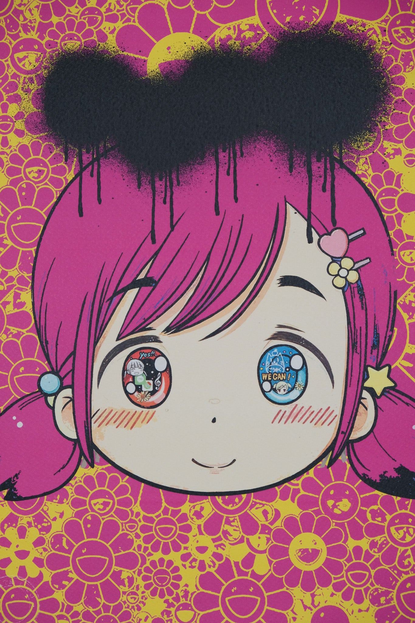 DEATH NYC : Manga girl with Murakami flowers - Sérigraphie originale signée