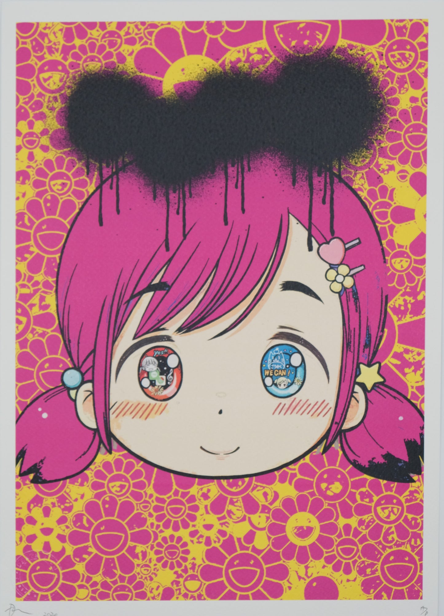 DEATH NYC : Manga girl with Murakami flowers - Sérigraphie originale signée