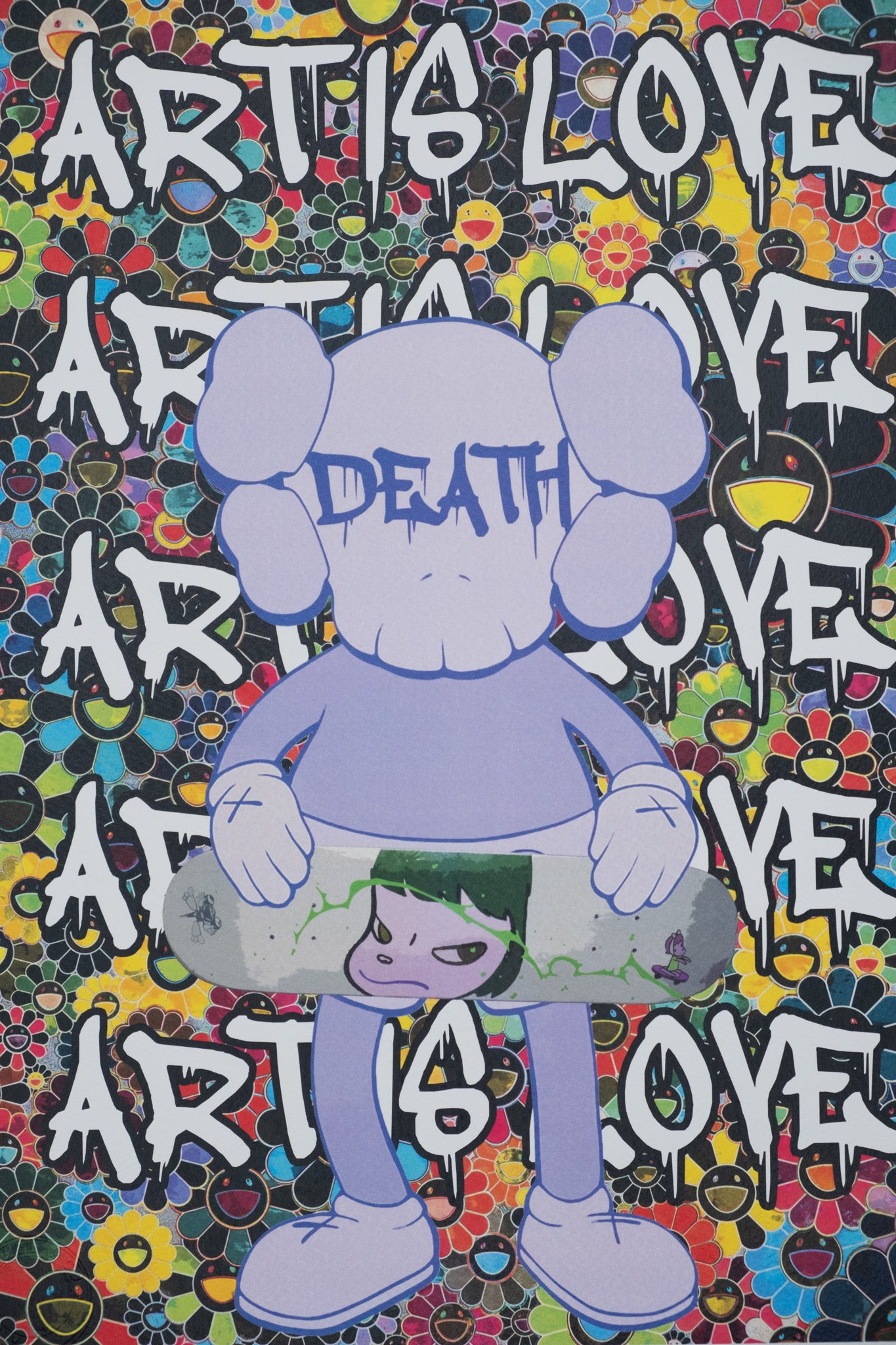 DEATH NYC : Kaws with Nara's skateboard - Sérigraphie originale signée