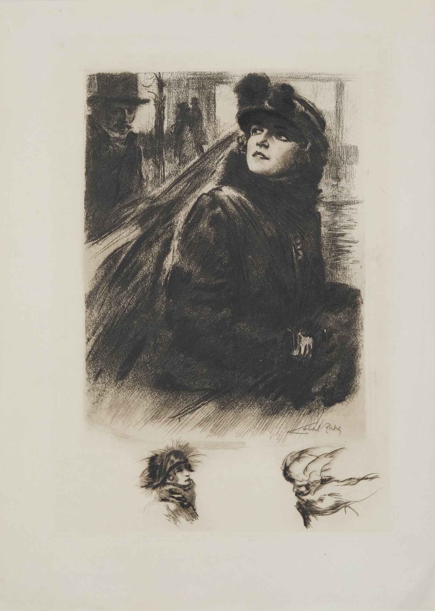 Alméry LOBEL RICHE : Portrait de femme au manteau de fourrure - Gravure originale signée