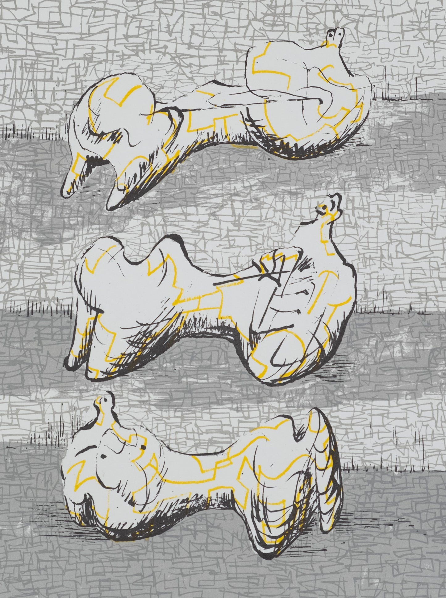 Henry MOORE : Trois personnages allongés - Lithographie originale signée